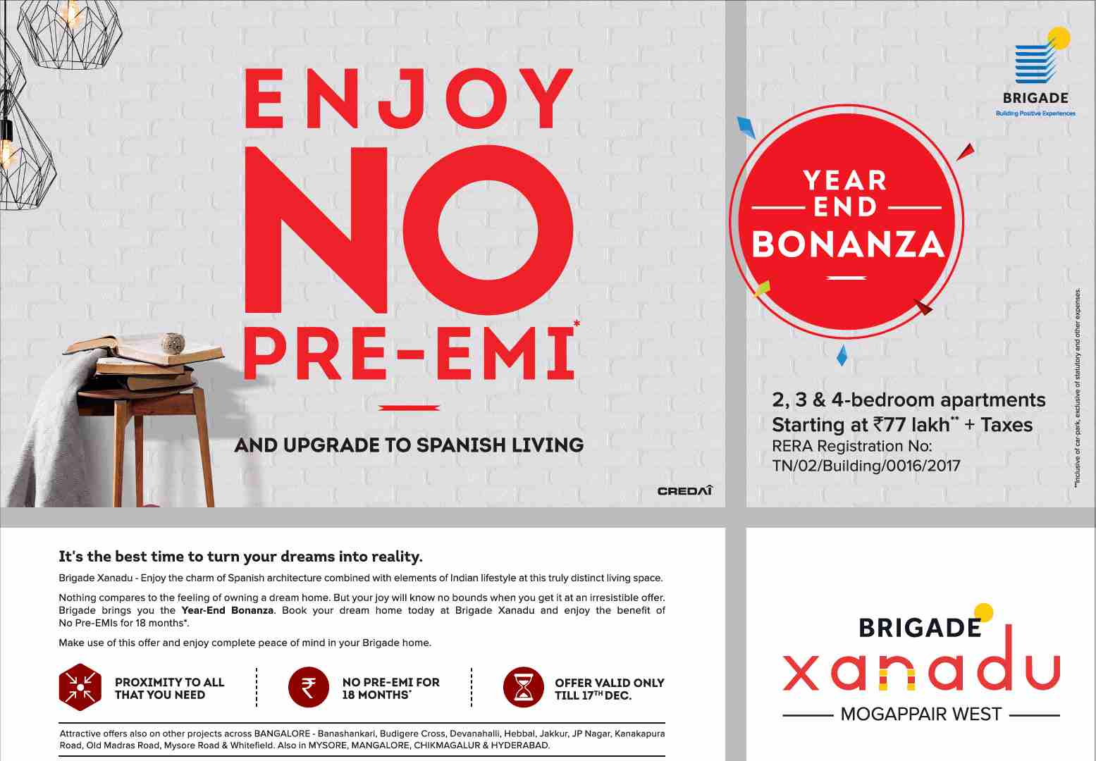 Enjoy no pre-EMI and upgrade to Spanish living during Year End Bonanza offer at Brigade Xanadu in Chennai